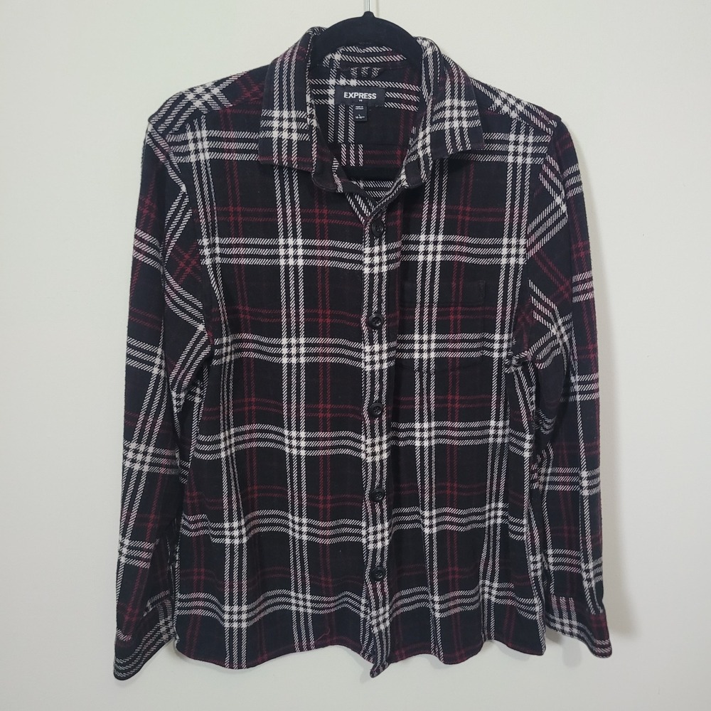Express Size L Button Up Shirt Mens Black Red Plaid Long Sleeve Cotton
